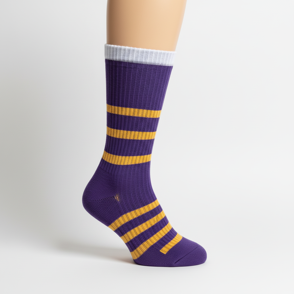 Side view of custom volleyball crew socks showing the mid-calf crew height and arch band