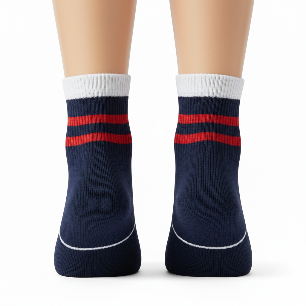 Back view of custom volleyball low-cut socks showing the tab heel and cuff
