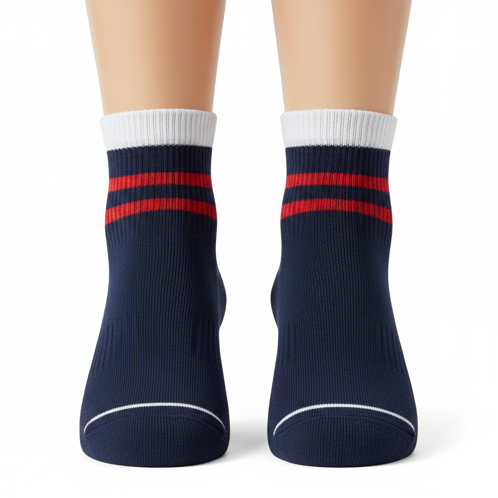 Front view of custom volleyball low-cut socks in cushioned knit with a sublimated panel and knit-in team stripes from Empire Five Athletics