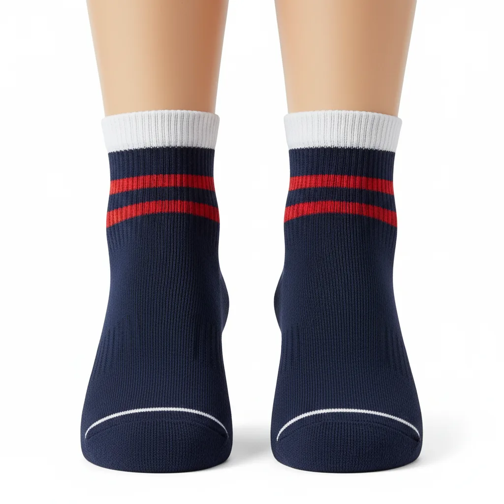 Front view of custom volleyball low-cut socks in cushioned knit with a sublimated panel and knit-in team stripes from Empire Five Athletics