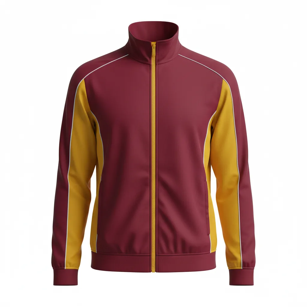 Front view of custom volleyball track jacket in 220 GSM smooth performance poly with a full zip and edge-to-edge sublimated team colors from Empire Five Athletics