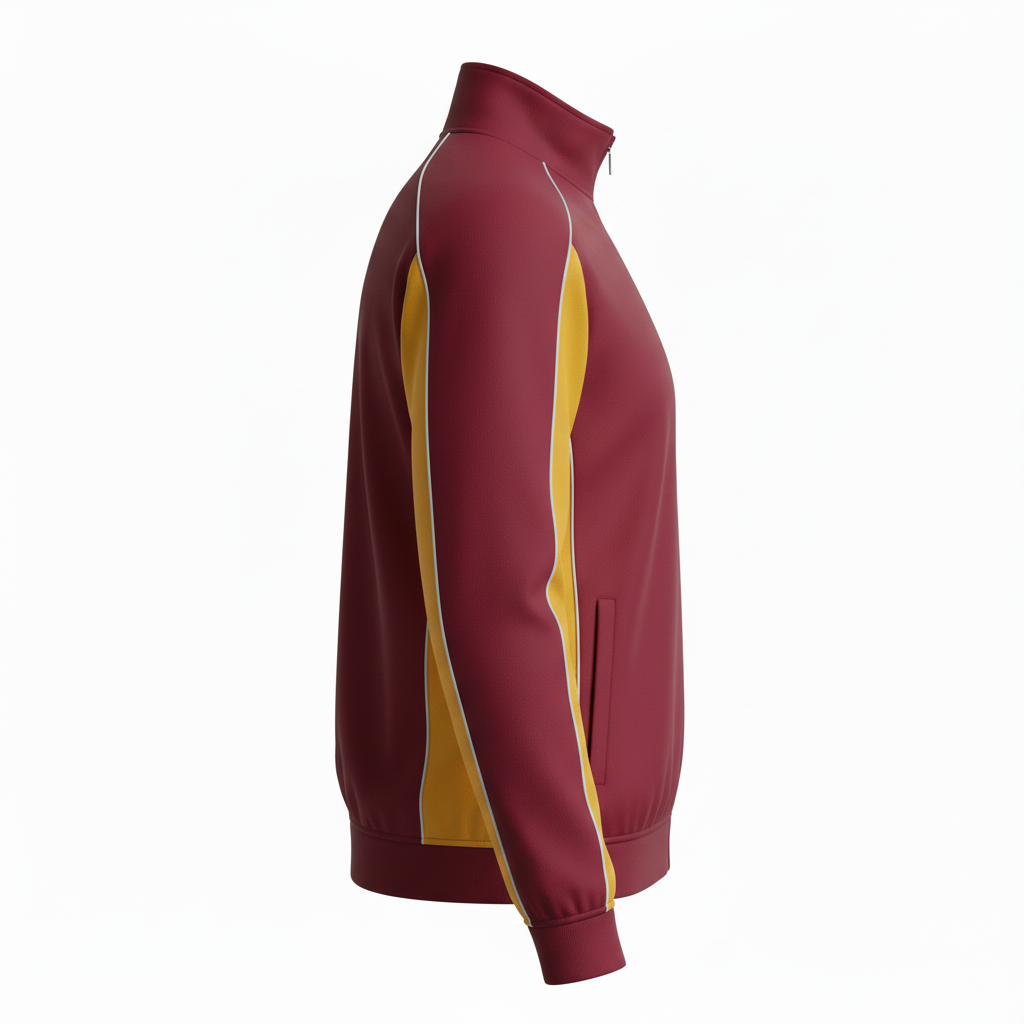 Side view of custom volleyball track jacket showing the slim fit and zip pocket