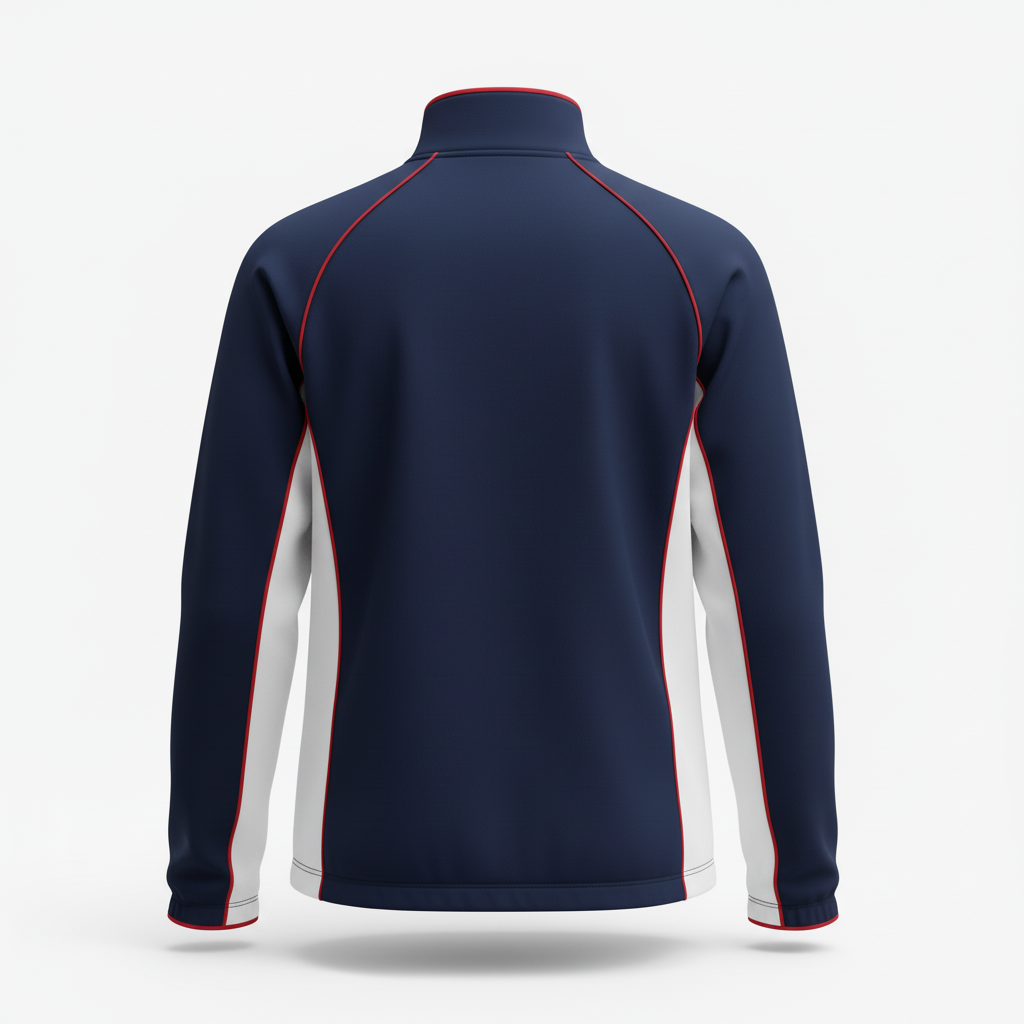 Back view of custom volleyball warm-up jacket showing the sublimated team name