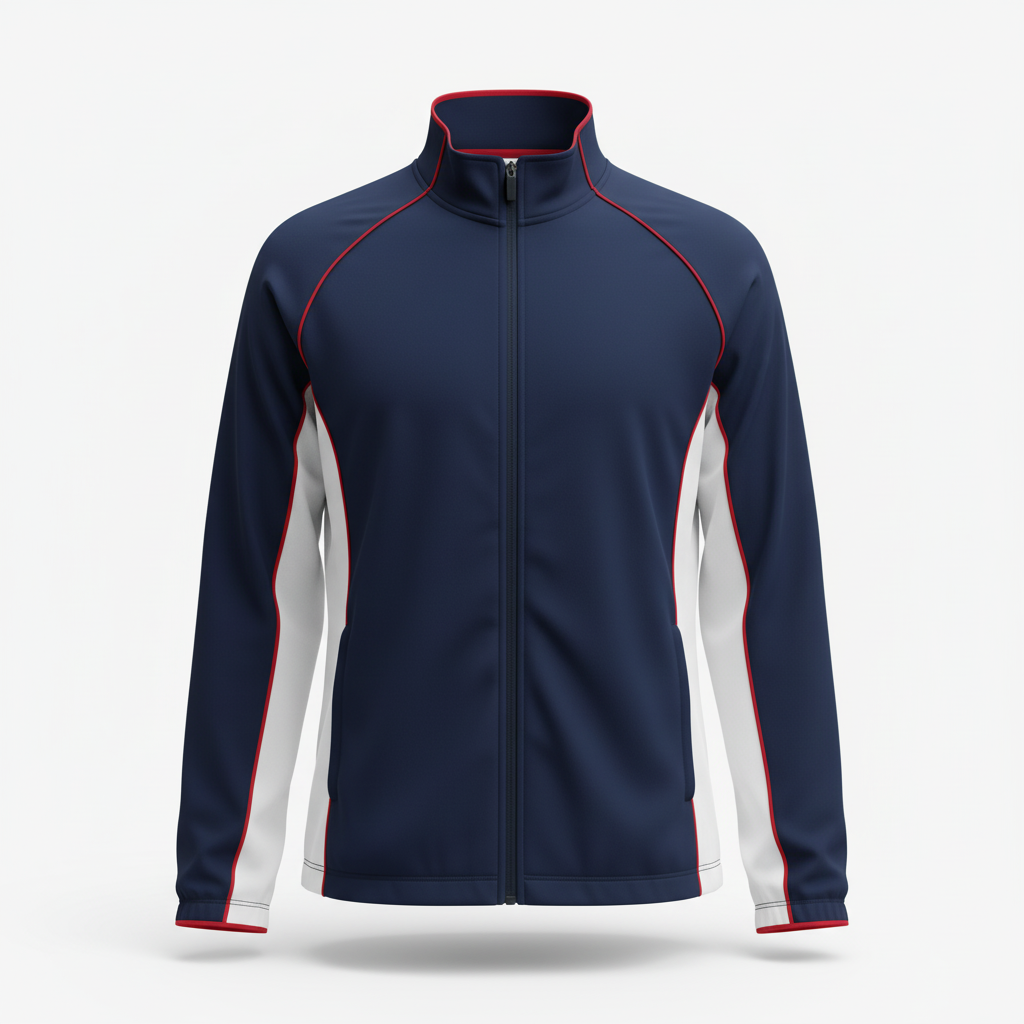 Front view of custom volleyball warm-up jacket in 180 GSM brushed tricot with a roomy full zip and sublimated panels from Empire Five Athletics