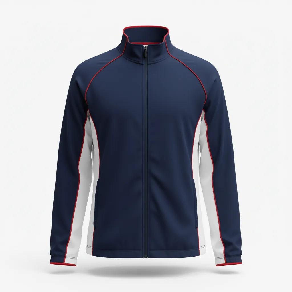 Front view of custom volleyball warm-up jacket in 180 GSM brushed tricot with a roomy full zip and sublimated panels from Empire Five Athletics