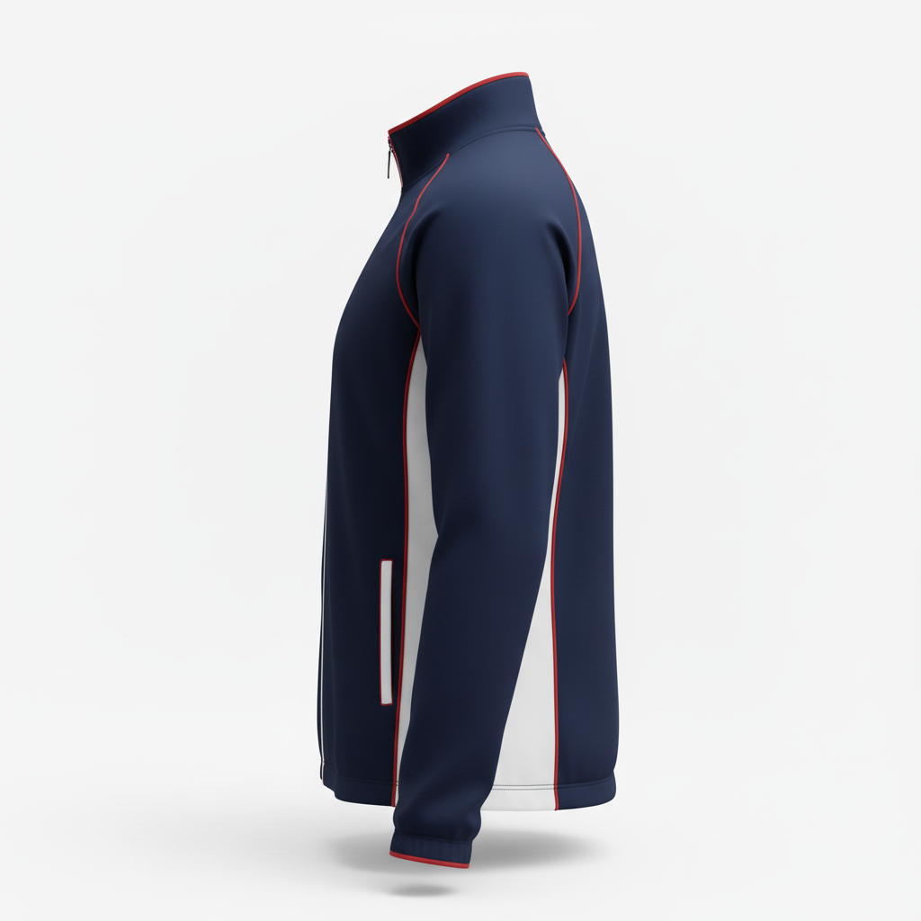 Side view of custom volleyball warm-up jacket showing the zip pocket and drawcord hem