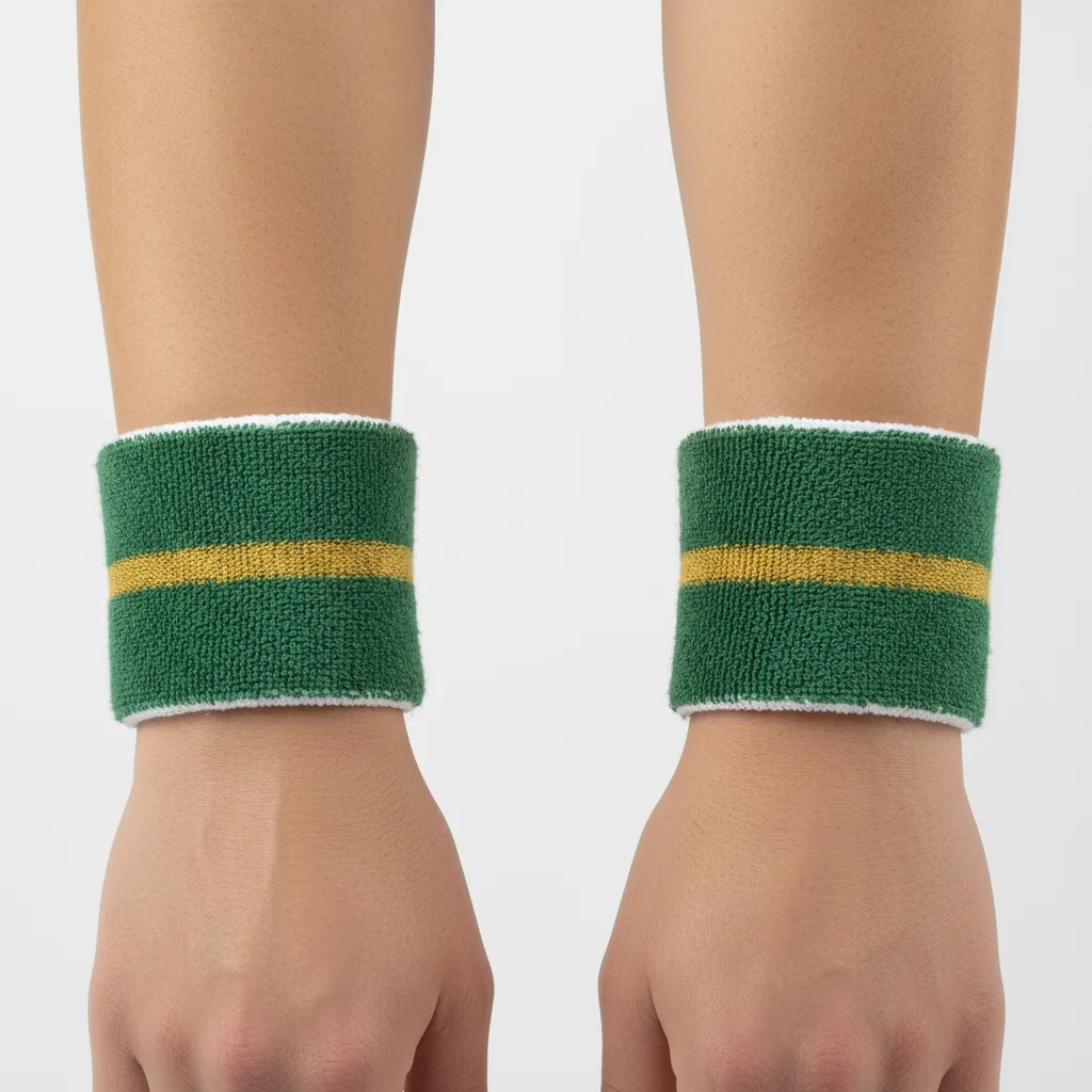 Front view of custom volleyball wristbands in absorbent terry cloth with an embroidered team logo from Empire Five Athletics