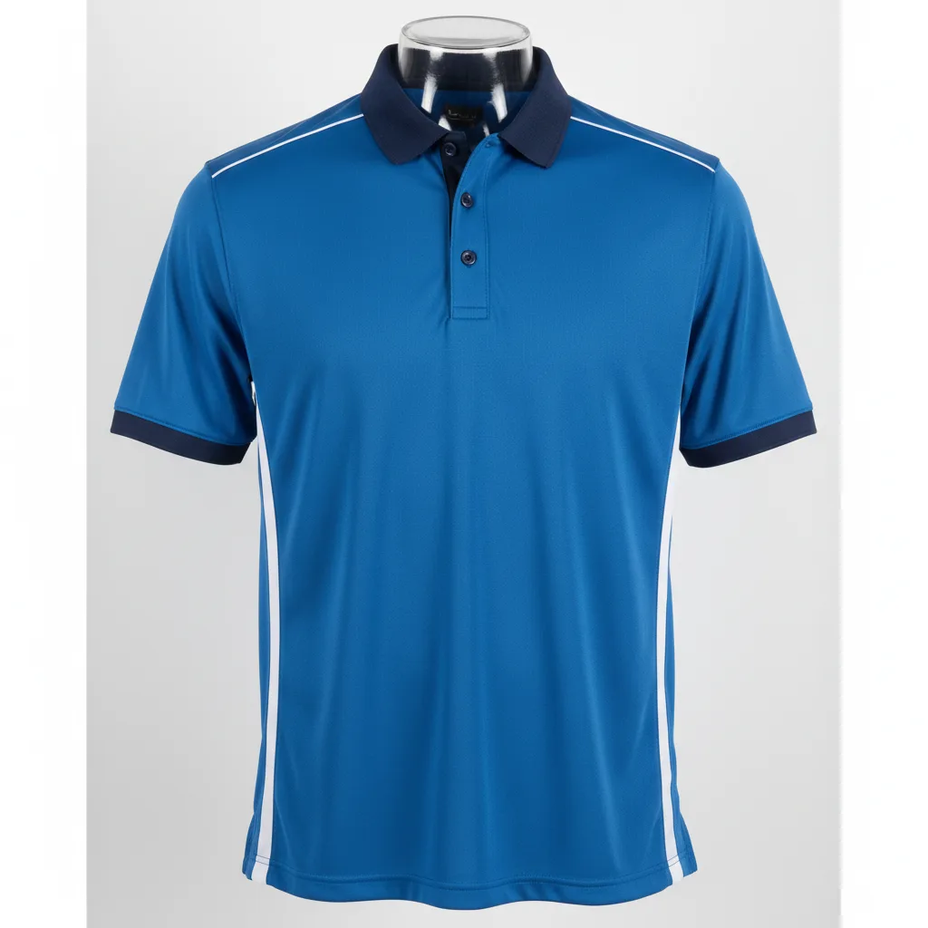 Front view of custom wrestling coaches polo in 180 GSM performance piqué with a three-button placket and embroidered team crest from Empire Five Athletics