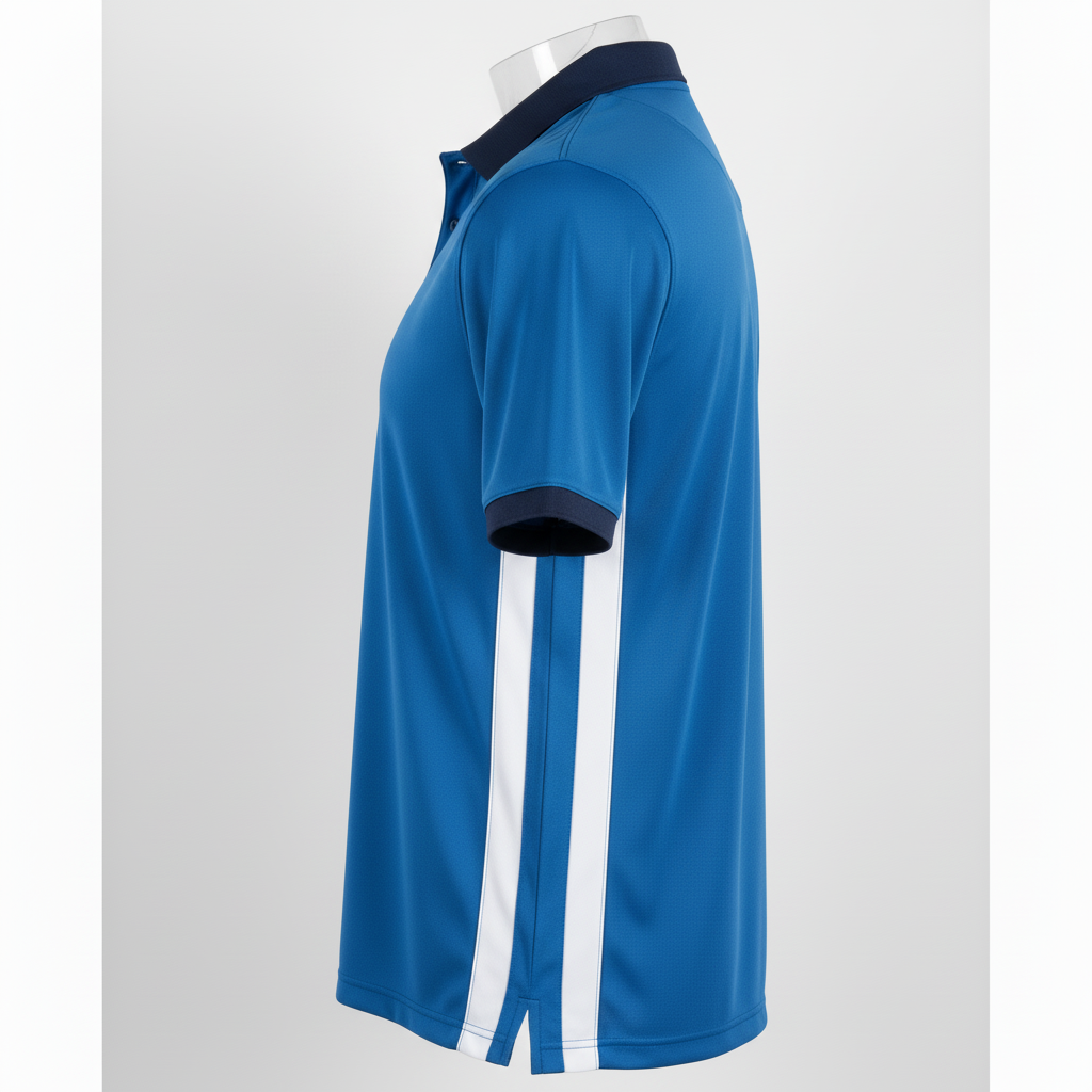 Side view of custom wrestling coaches polo showing the side vent and sublimated panel