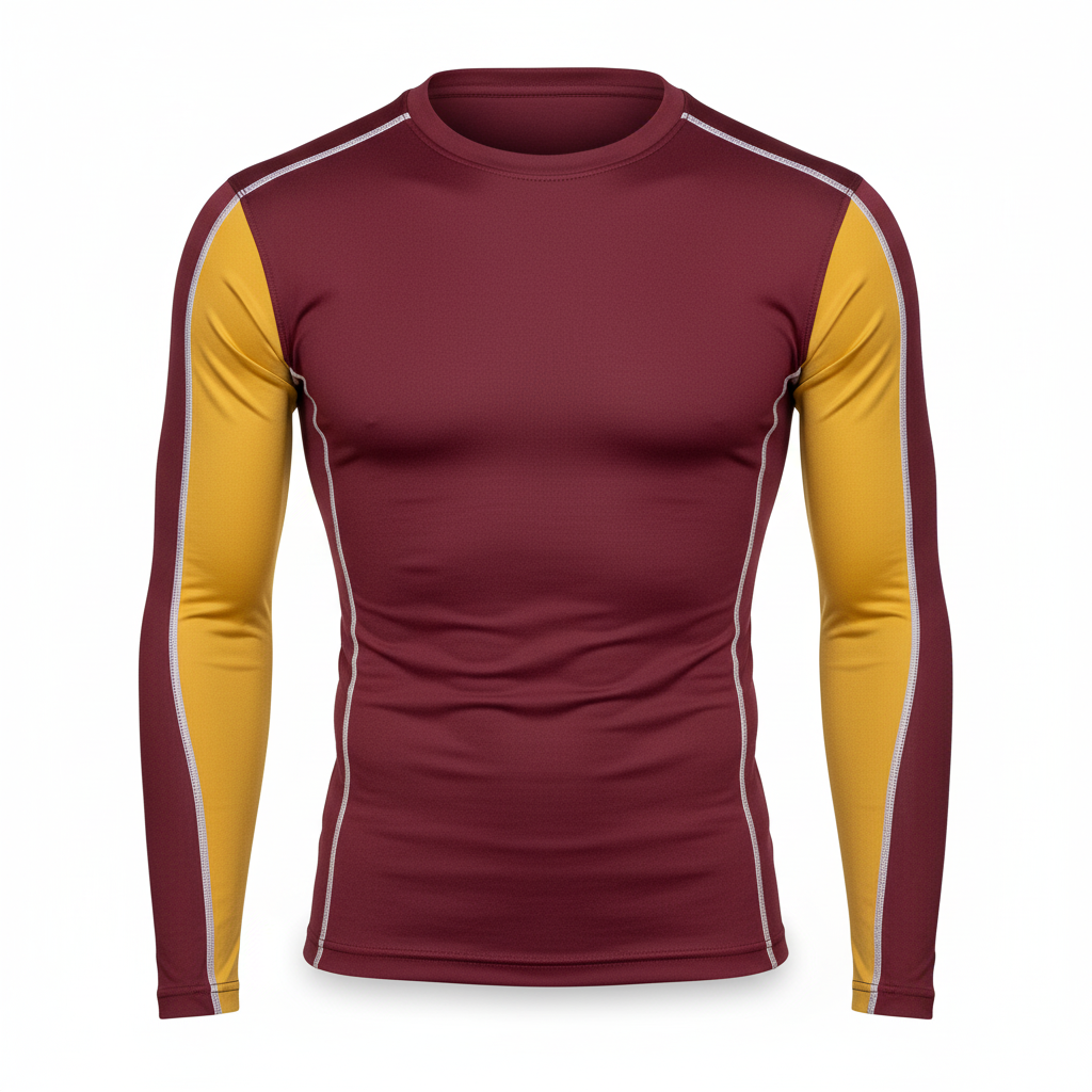 Front view of custom wrestling compression shirt in 220 GSM poly-spandex with a fitted base-layer cut and sublimated team colors from Empire Five Athletics