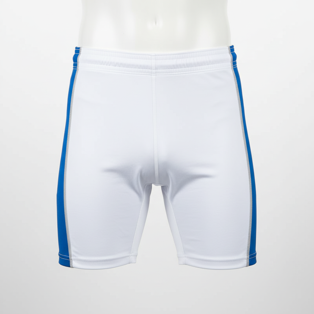 Front view of custom wrestling fight shorts in a stretch-panel woven shell with a split hem and sublimated team colors from Empire Five Athletics