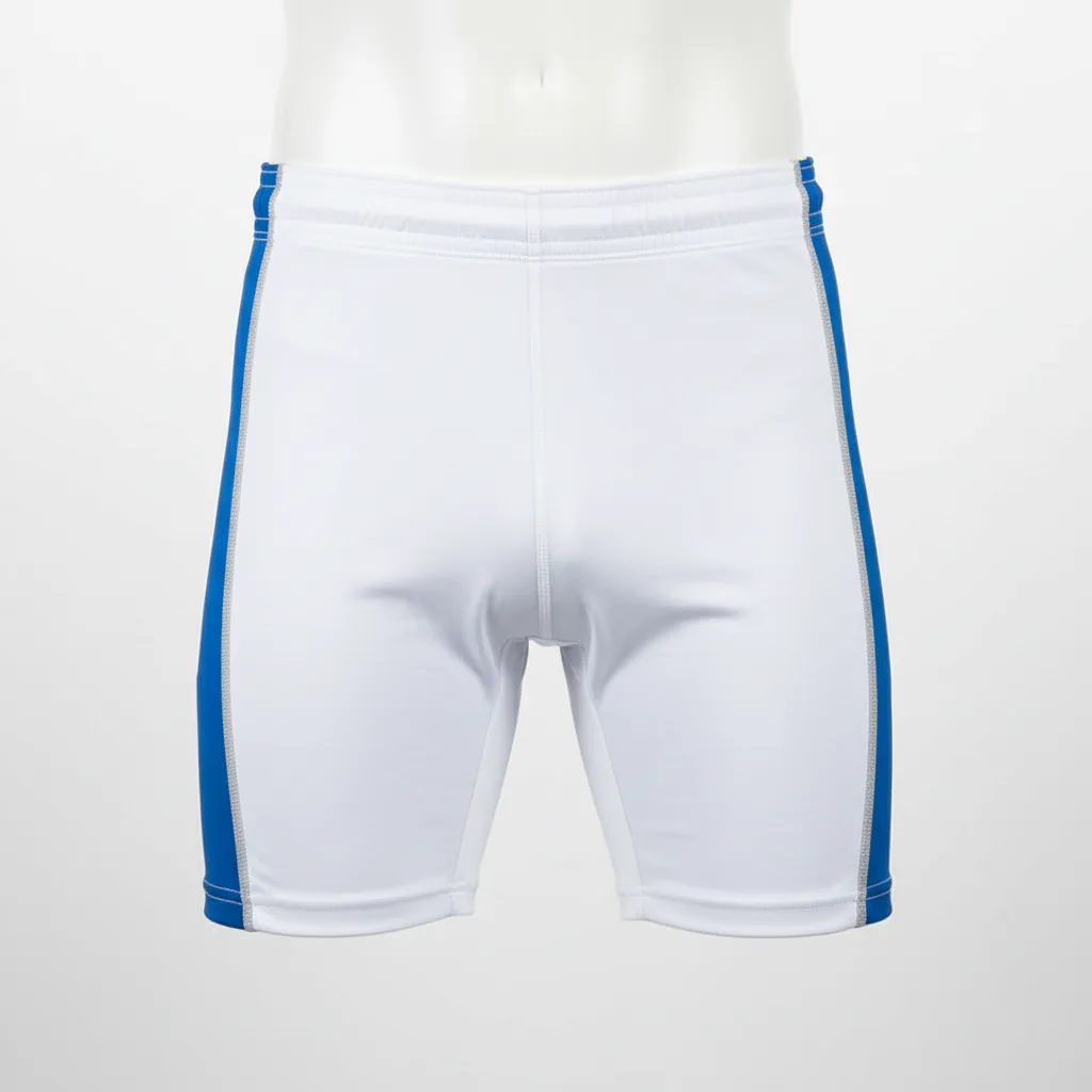 Front view of custom wrestling fight shorts in a stretch-panel woven shell with a split hem and sublimated team colors from Empire Five Athletics