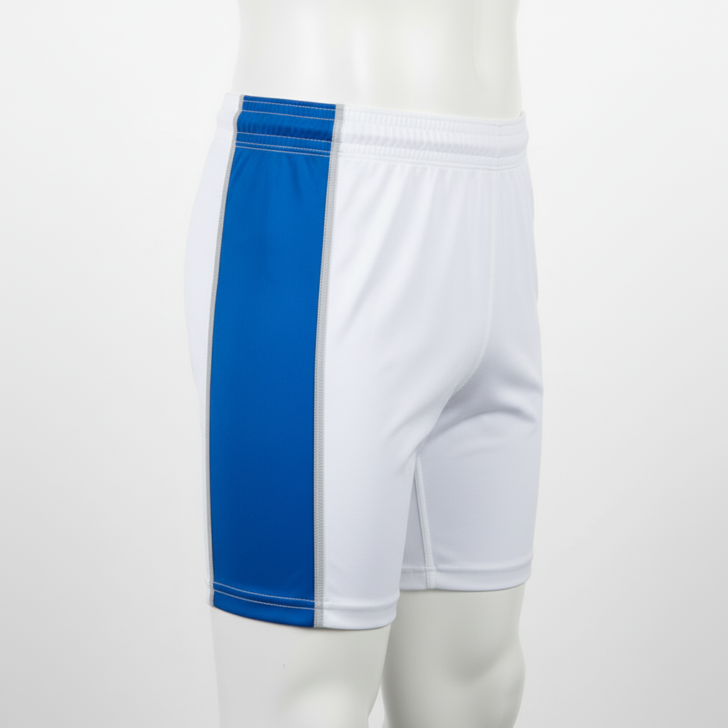 Side view of custom wrestling fight shorts showing the stretch side panel and split hem