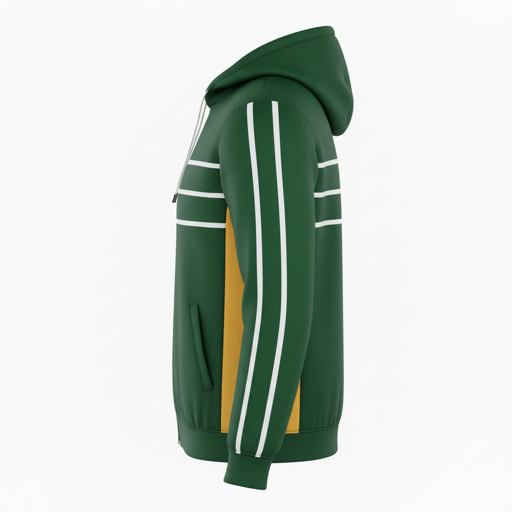 Side view of custom wrestling fleece jacket showing the zip pocket and stand collar