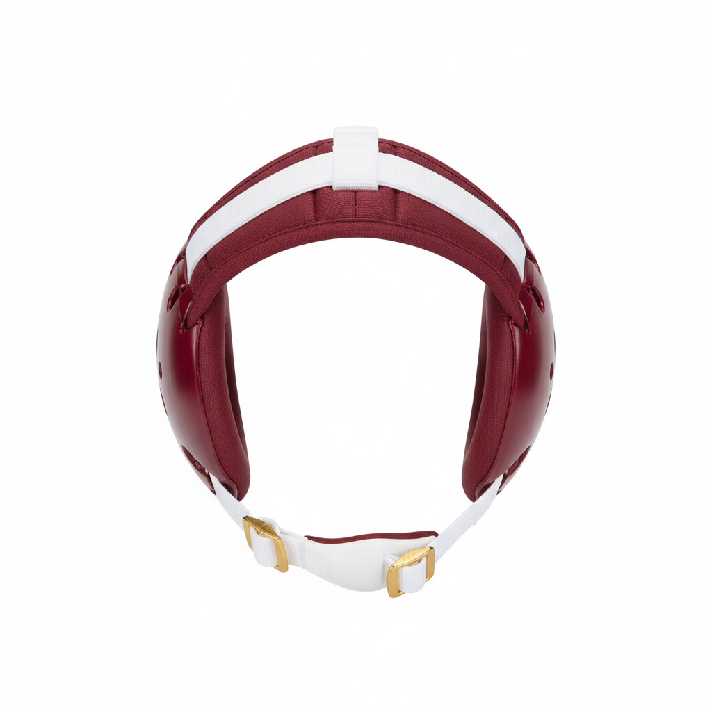 Front view of custom wrestling headgear, a four-strap ear guard in a custom team colorway with a printed logo from Empire Five Athletics