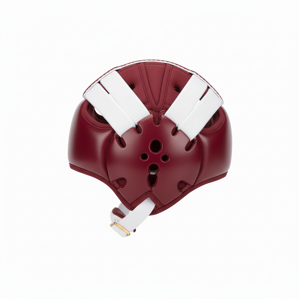 Side view of custom wrestling headgear showing the hard-shell ear cup and chin cup
