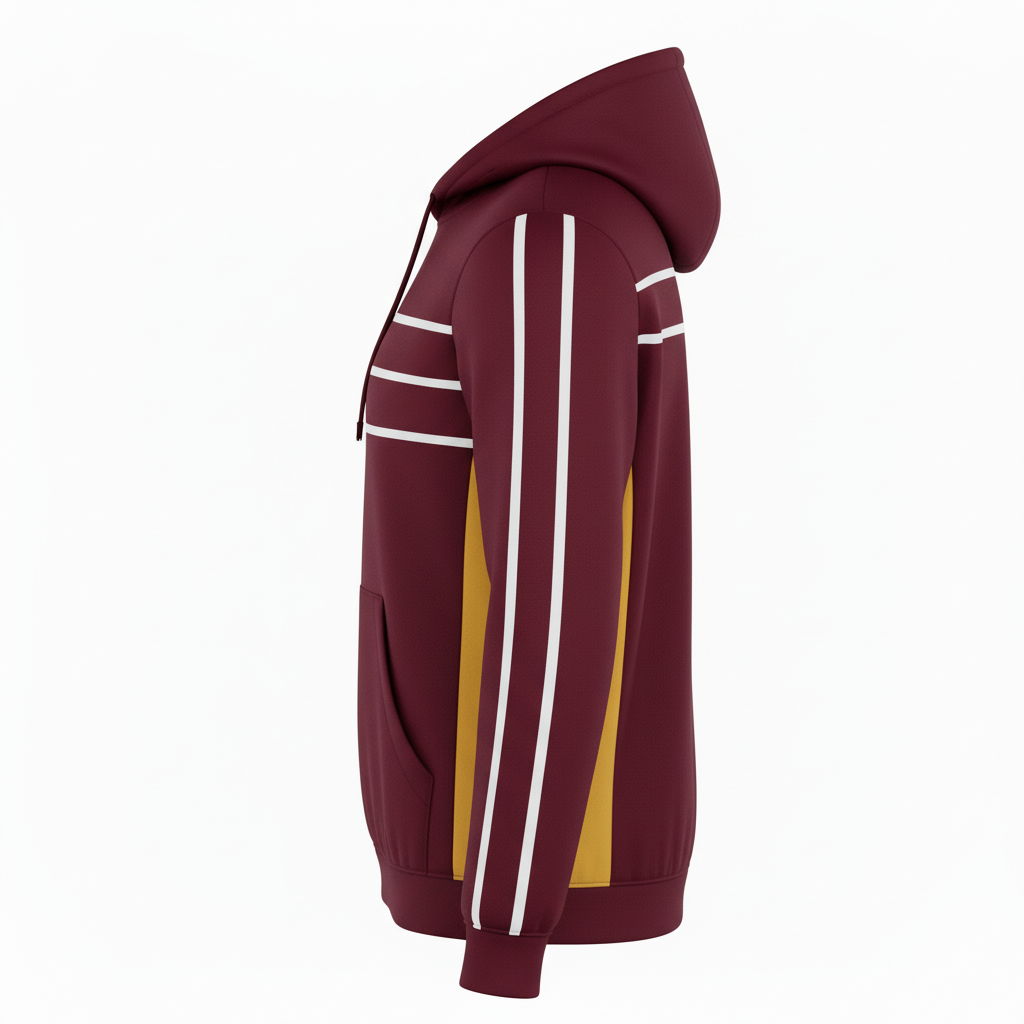 Side view of custom wrestling hooded sweatshirt showing the kangaroo pocket and ribbed cuff