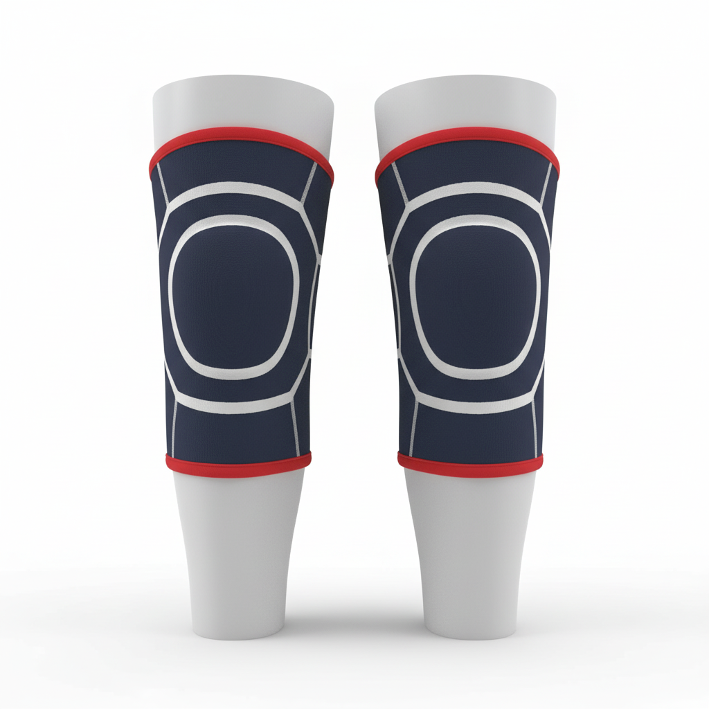 Front view of custom wrestling knee pads, a padded compression sleeve in a custom team colorway with a sublimated logo from Empire Five Athletics