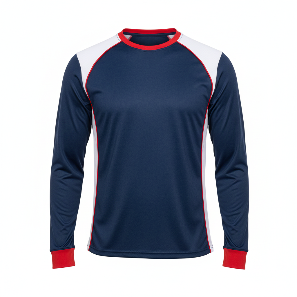 Front view of custom long-sleeve wrestling performance shirt in 150 GSM wicking poly with a regular fit and sublimated team colors from Empire Five Athletics