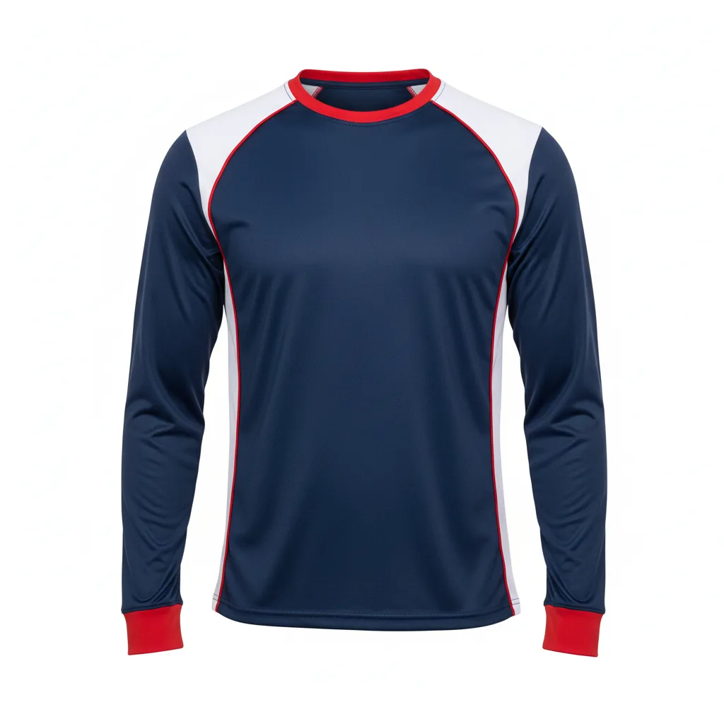 Front view of custom long-sleeve wrestling performance shirt in 150 GSM wicking poly with a regular fit and sublimated team colors from Empire Five Athletics