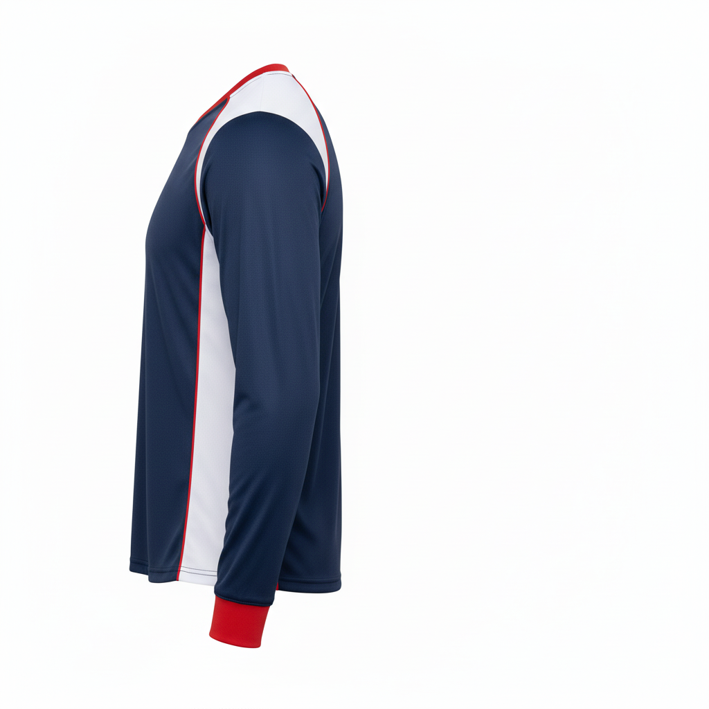Side view of custom long-sleeve wrestling performance shirt showing the regular fit and cuff