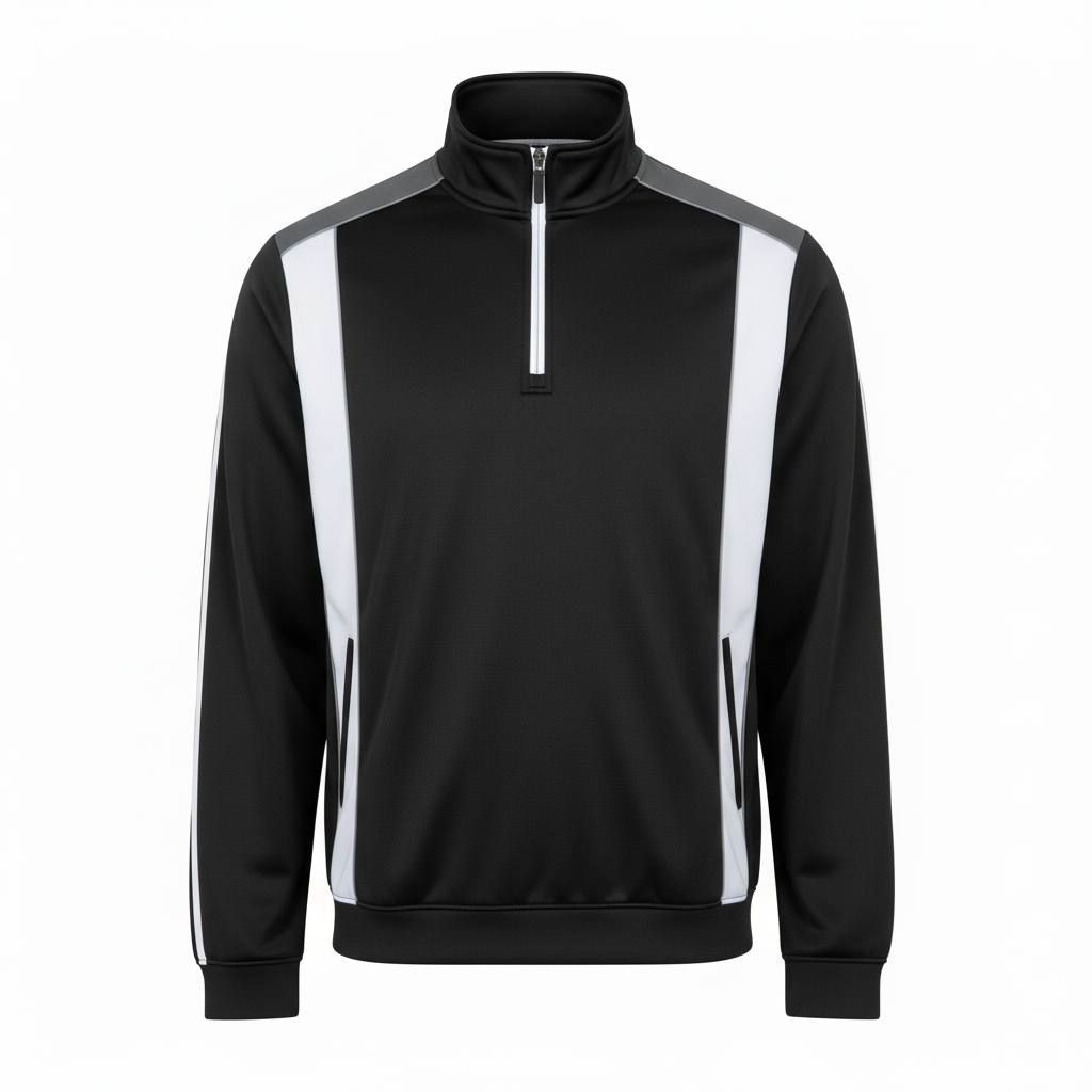 Front view of custom wrestling quarter-zip pullover in 220 GSM performance poly with a stand collar and sublimated team colors from Empire Five Athletics
