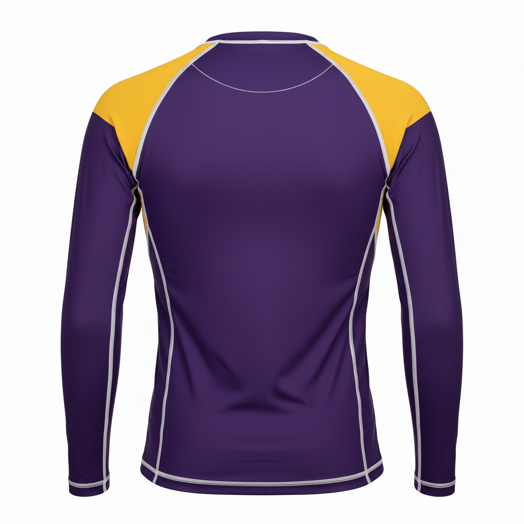 Back view of custom long-sleeve wrestling rash guard showing the sublimated back design
