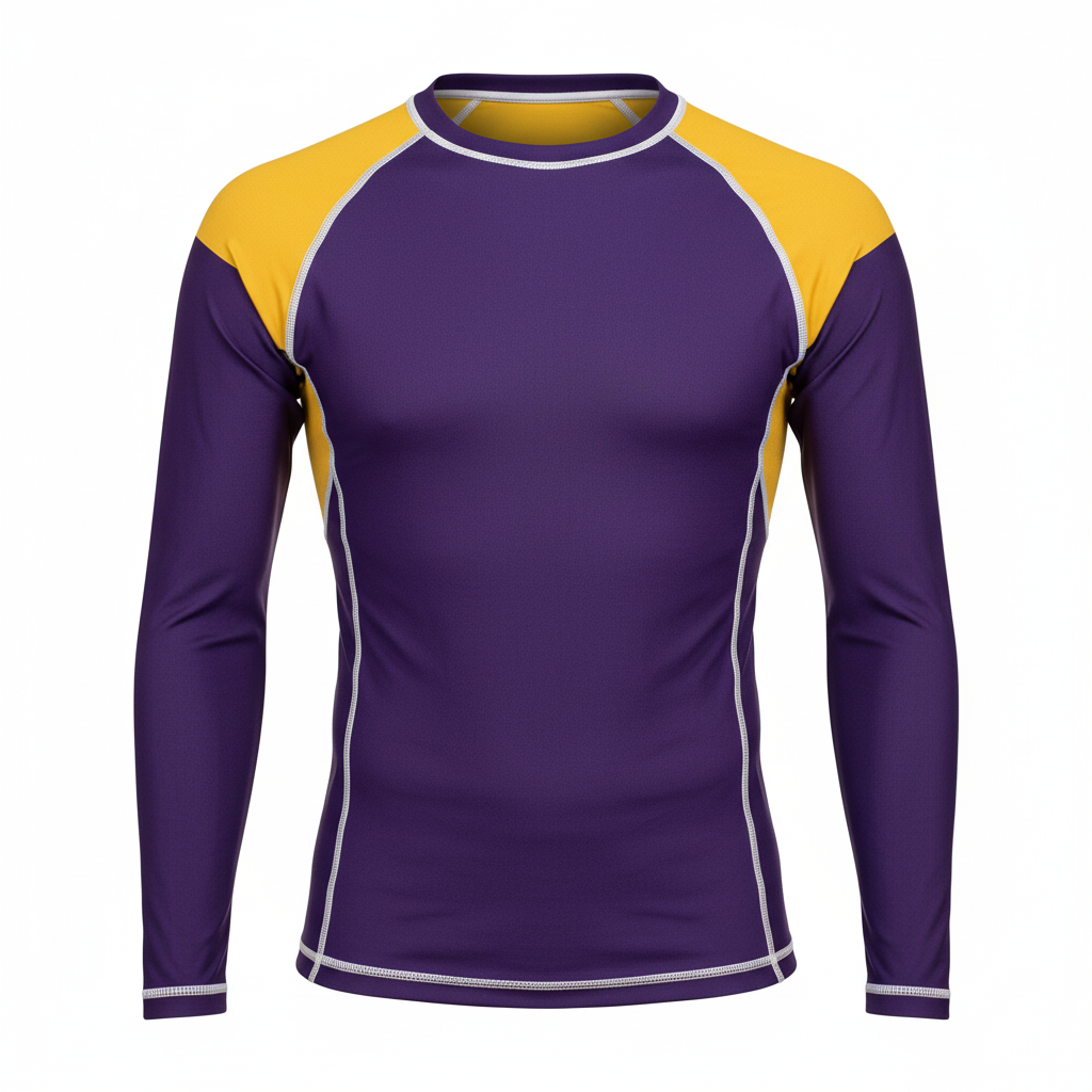 Front view of custom long-sleeve wrestling rash guard in four-way-stretch poly-spandex sublimated edge to edge from Empire Five Athletics