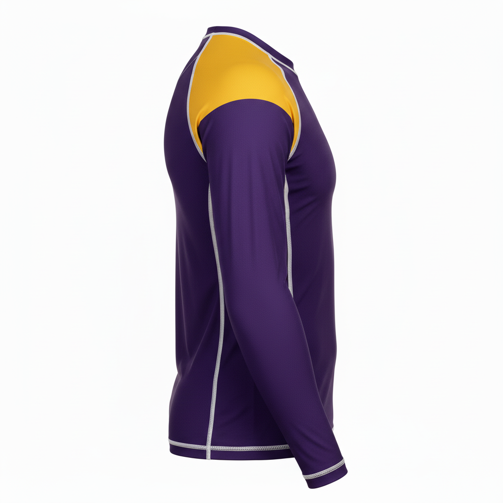 Side view of custom long-sleeve wrestling rash guard showing the grappling fit and long sleeve
