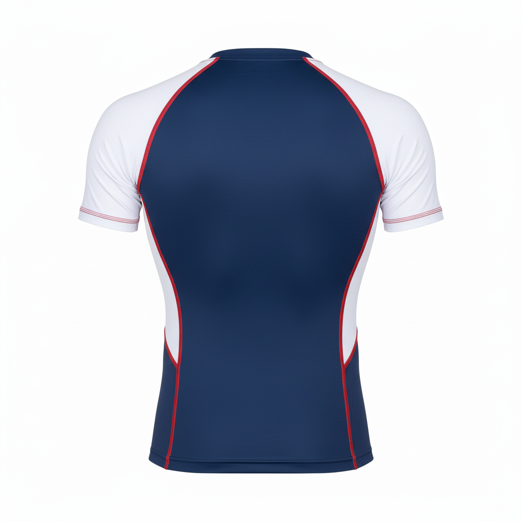 Back view of custom short-sleeve wrestling rash guard showing the sublimated back design