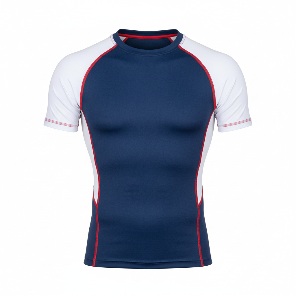 Front view of custom short-sleeve wrestling rash guard in four-way-stretch poly-spandex sublimated edge to edge from Empire Five Athletics