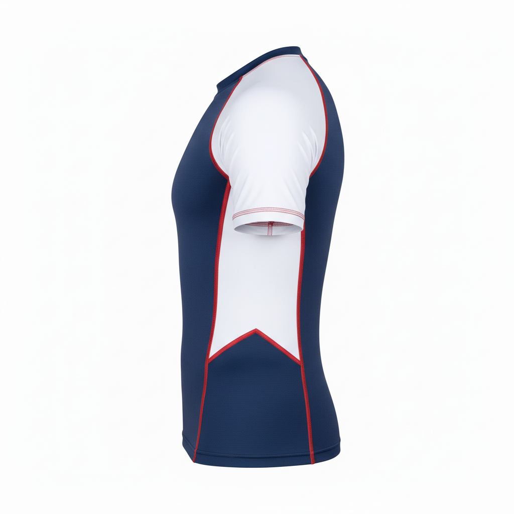Side view of custom short-sleeve wrestling rash guard showing the grappling fit