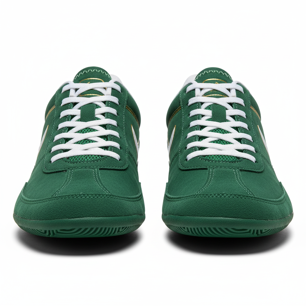 Front view of custom low-cut wrestling shoes in a custom team colorway with a logo from Empire Five Athletics