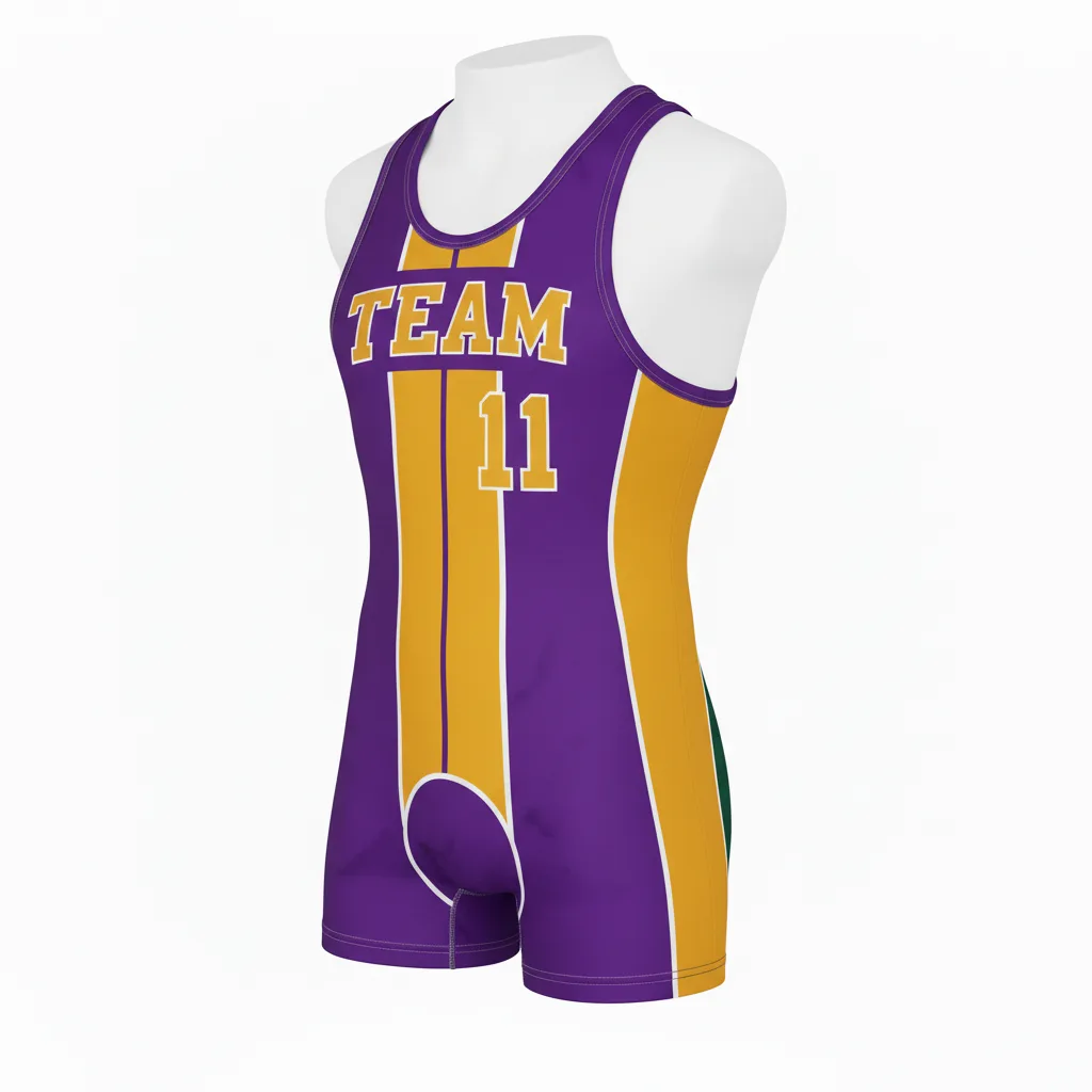 Front view of custom compression wrestling singlet in firmer 250 GSM lycra with the tightest grip-resistant fit and sublimated team colors from Empire Five Athletics