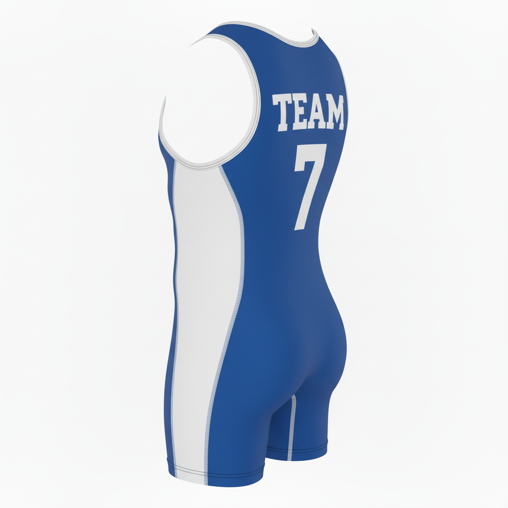 Back view of custom high-cut wrestling singlet showing the higher back cut and number