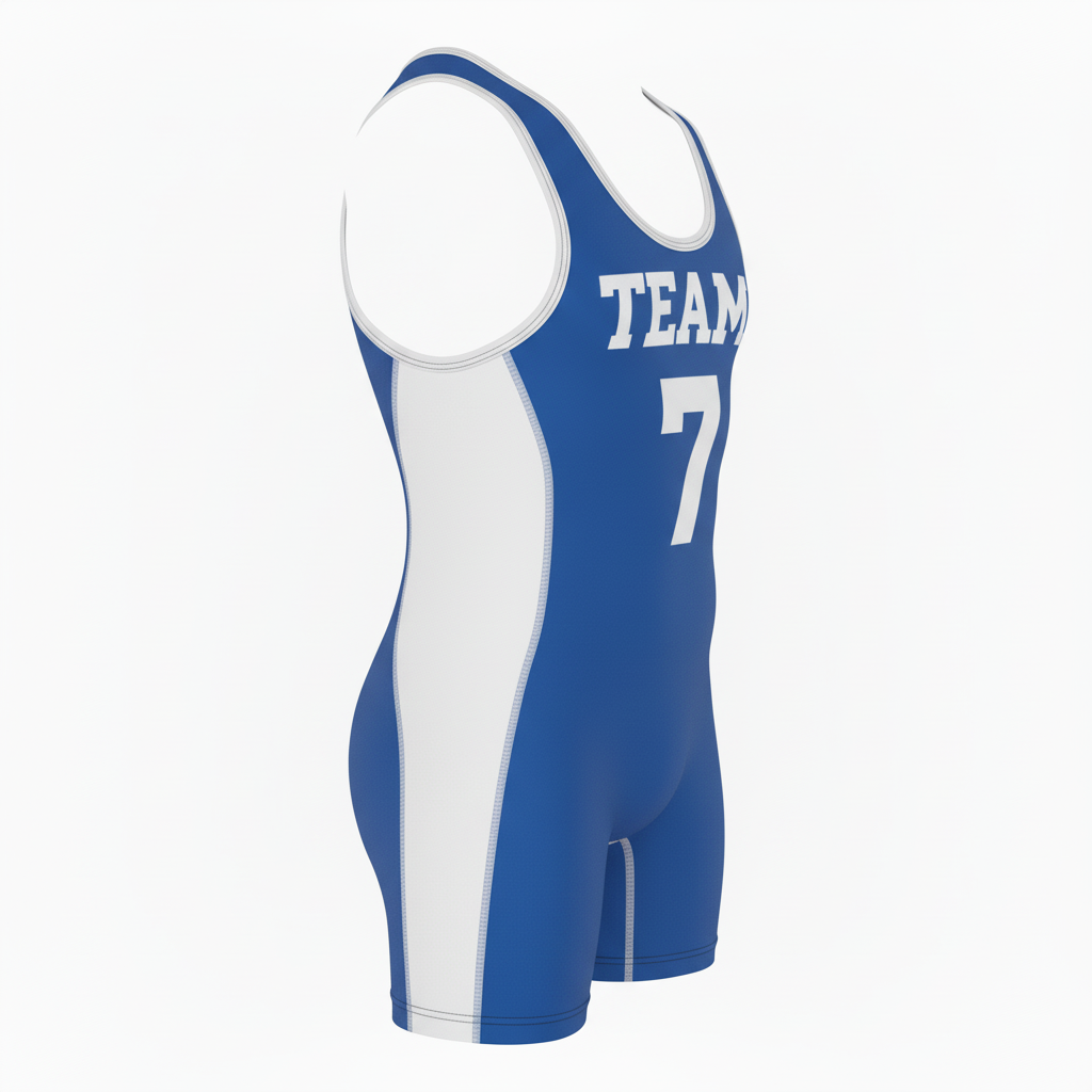 Front view of custom high-cut wrestling singlet in 250 GSM lycra-spandex with a high-coverage cut and sublimated team colors from Empire Five Athletics