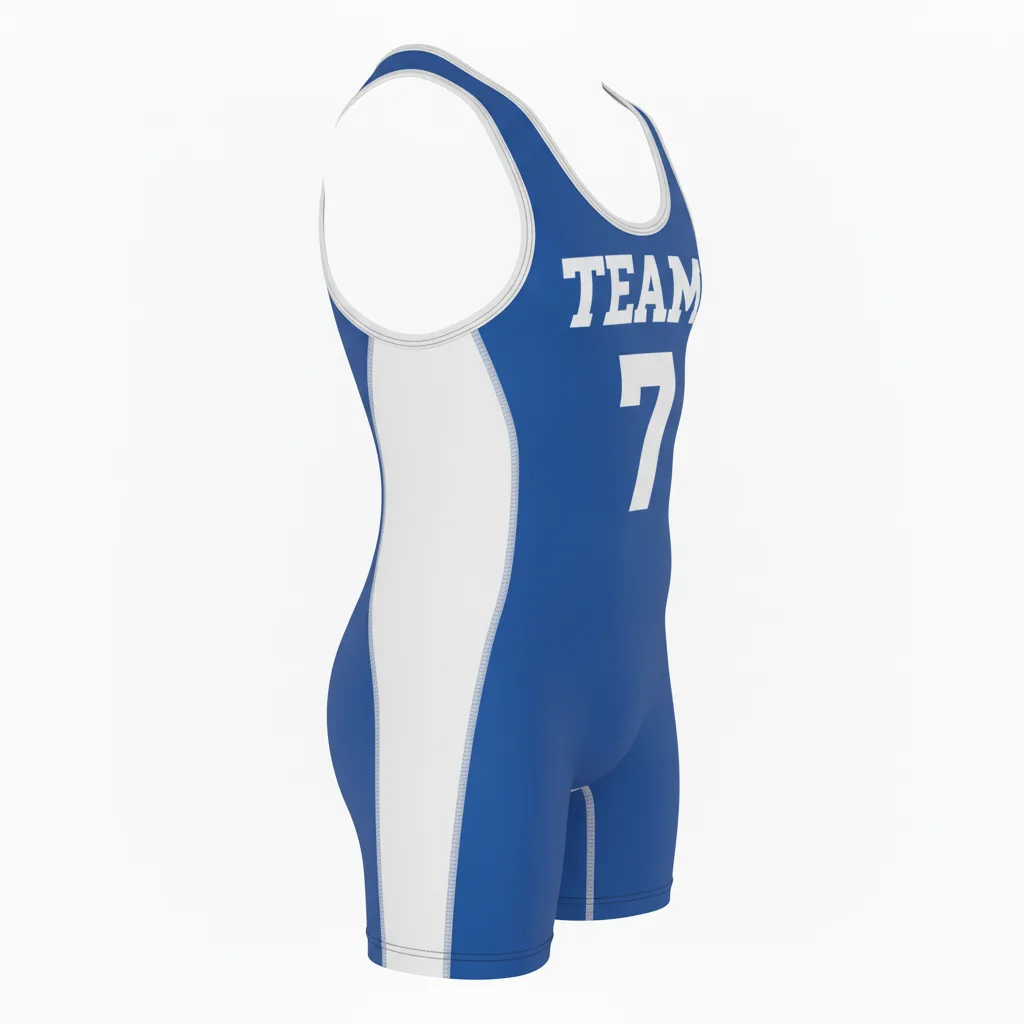 Front view of custom high-cut wrestling singlet in 250 GSM lycra-spandex with a high-coverage cut and sublimated team colors from Empire Five Athletics