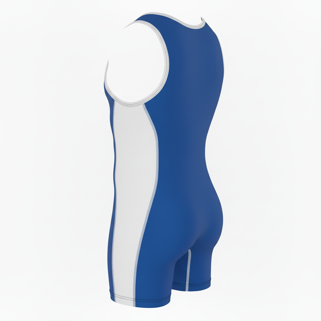 Side view of custom high-cut wrestling singlet showing the four-way-stretch fit