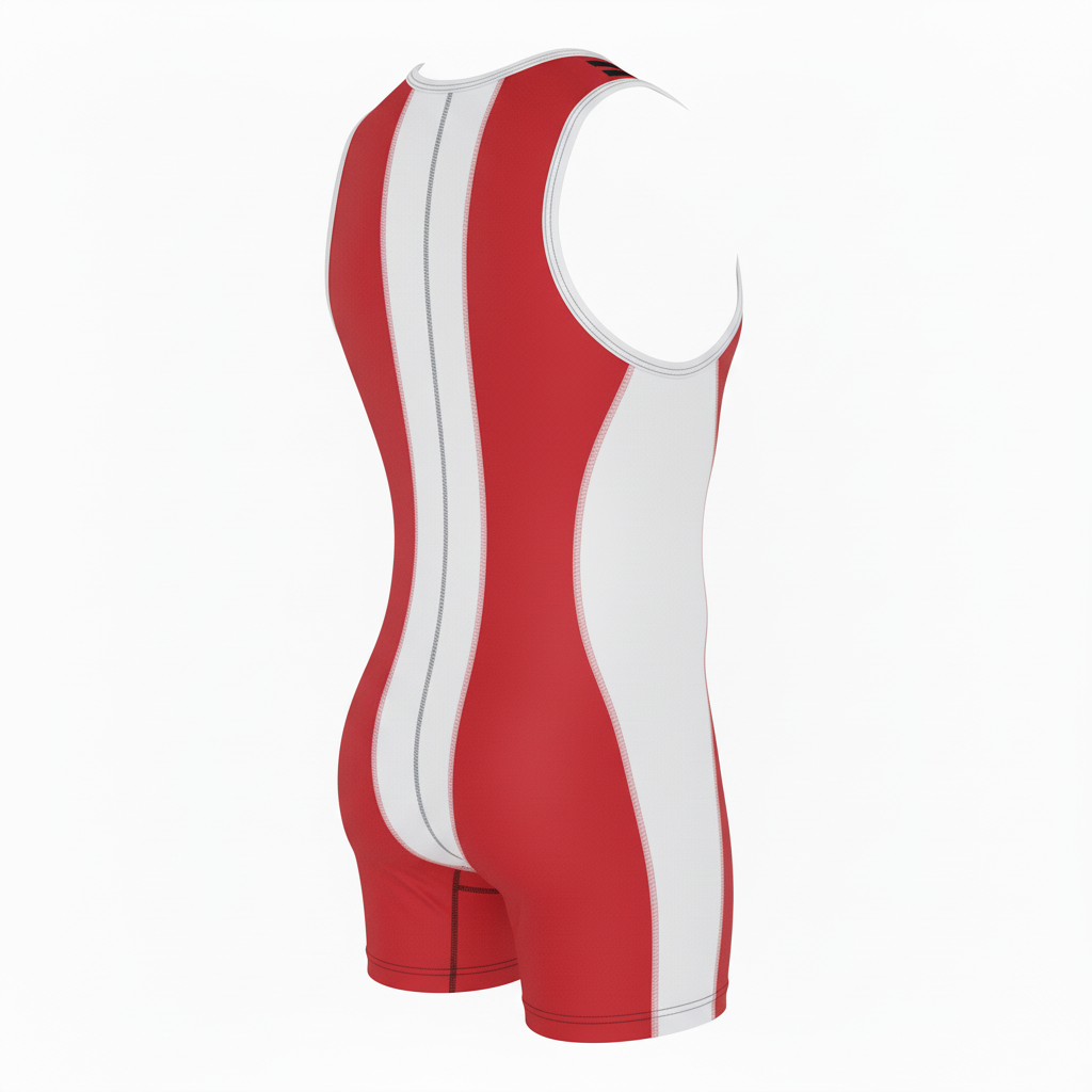 Back view of custom low-cut wrestling singlet showing the low back cut and number