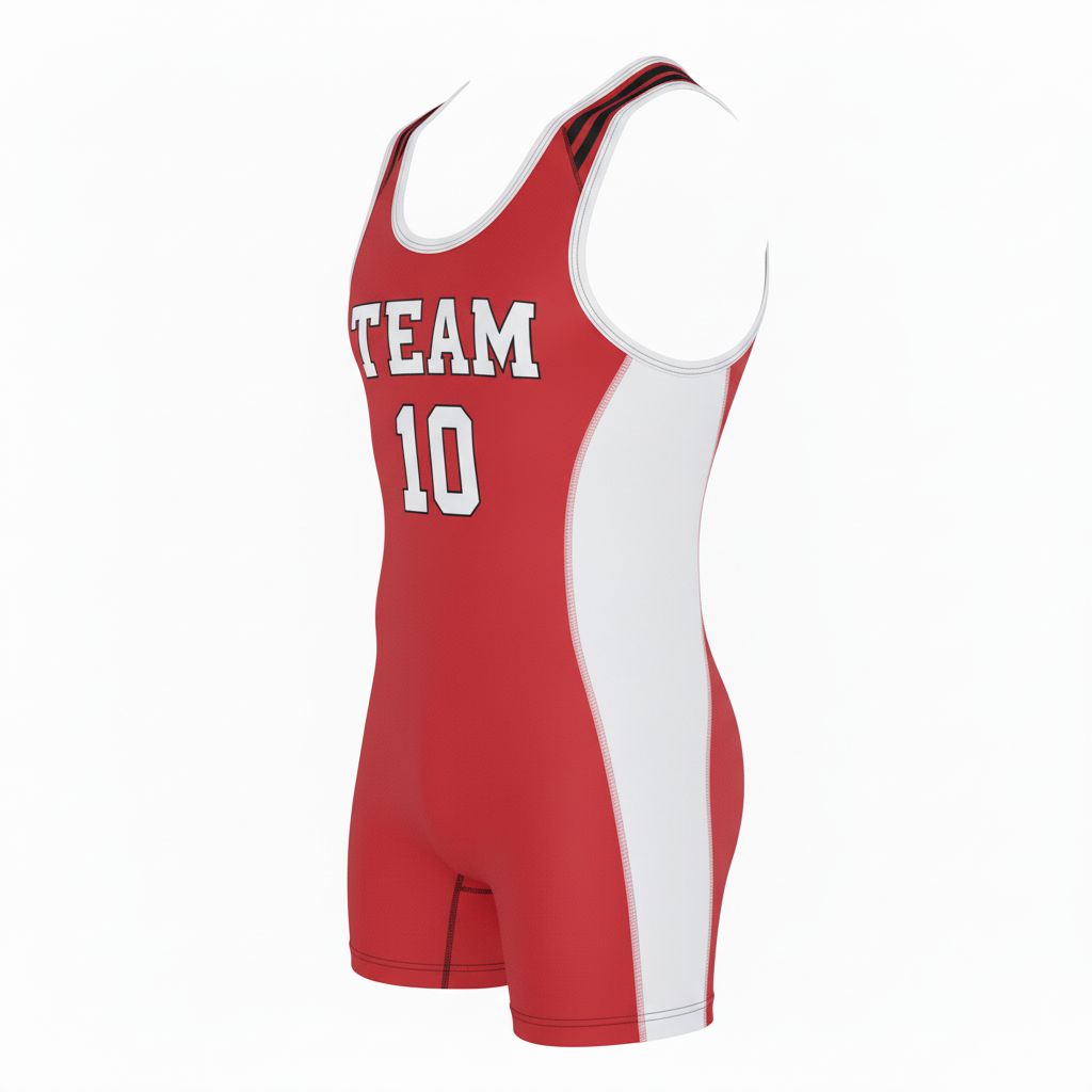 Front view of custom low-cut wrestling singlet in 250 GSM lycra-spandex with a low freestyle cut and sublimated team colors from Empire Five Athletics