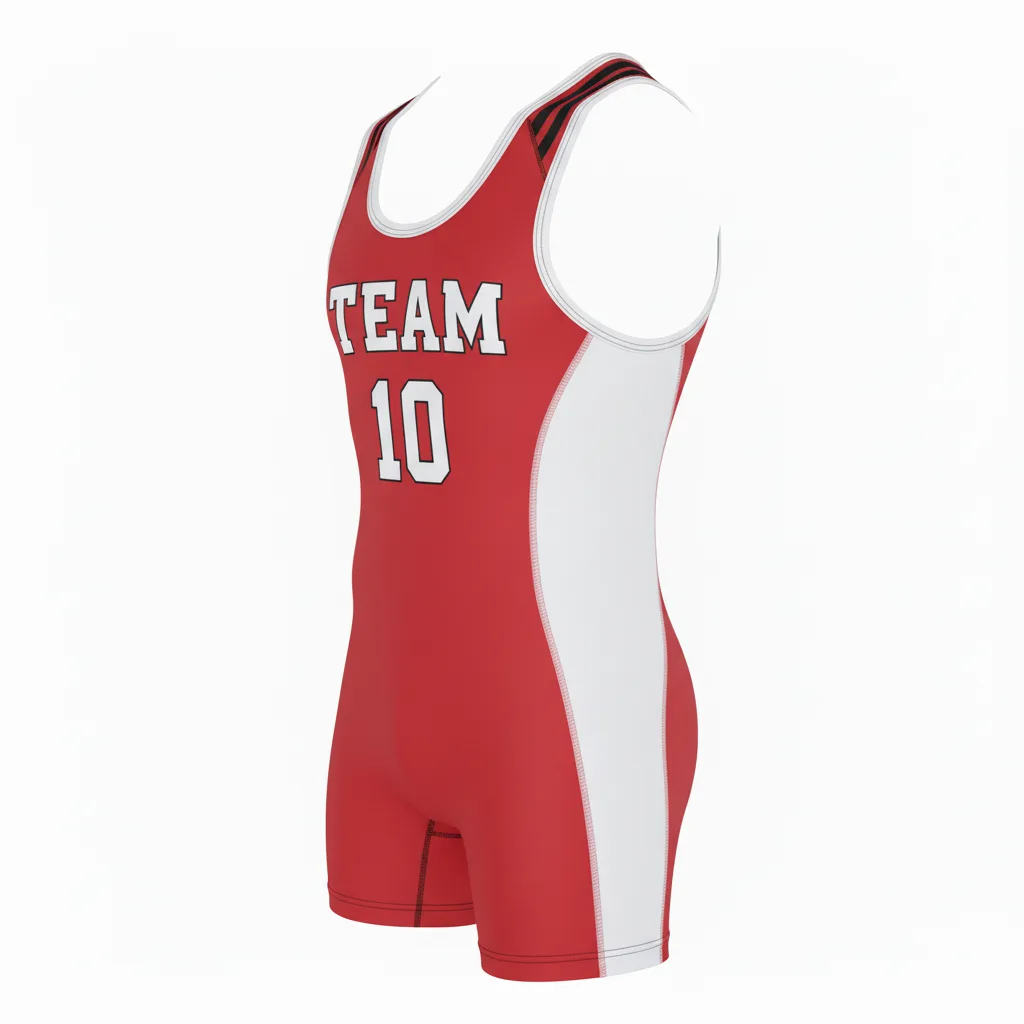 Front view of custom low-cut wrestling singlet in 250 GSM lycra-spandex with a low freestyle cut and sublimated team colors from Empire Five Athletics