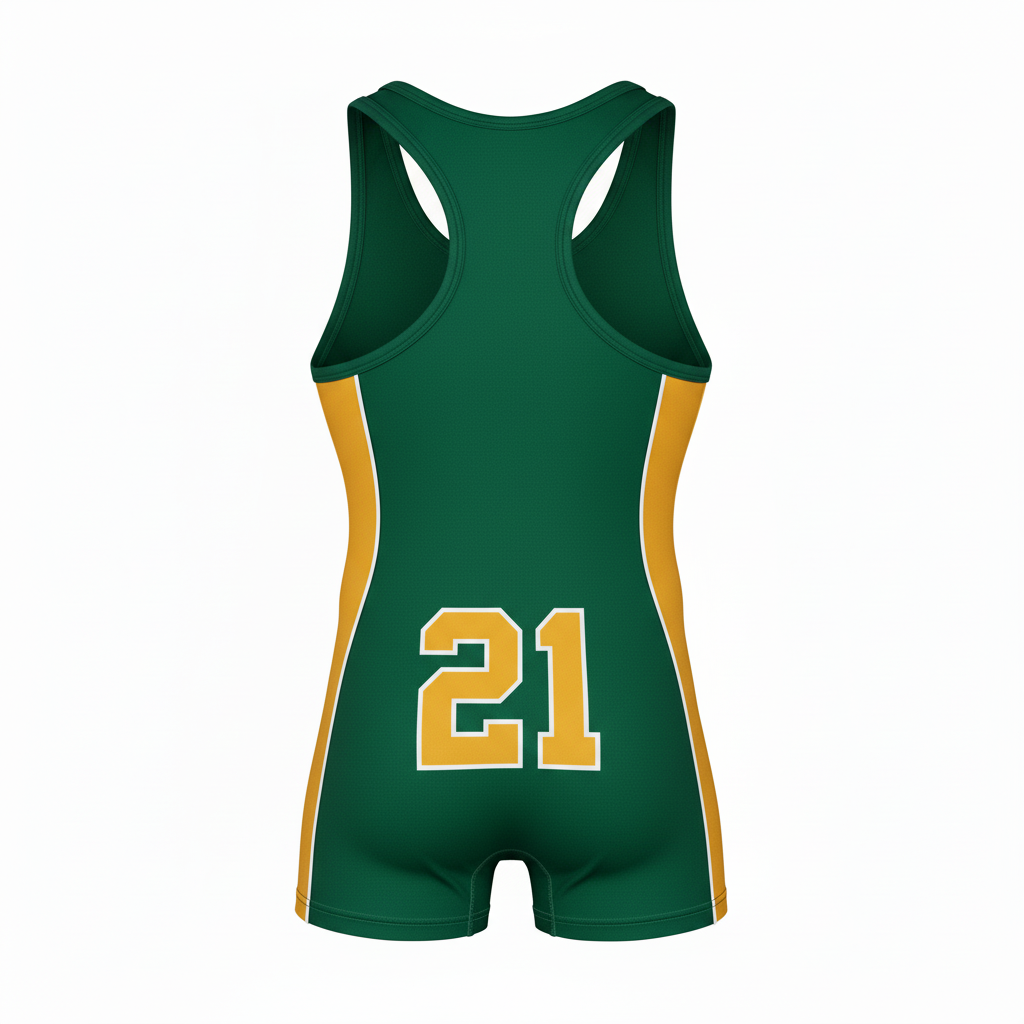 Back view of custom racerback wrestling singlet showing the racerback cut-out and number