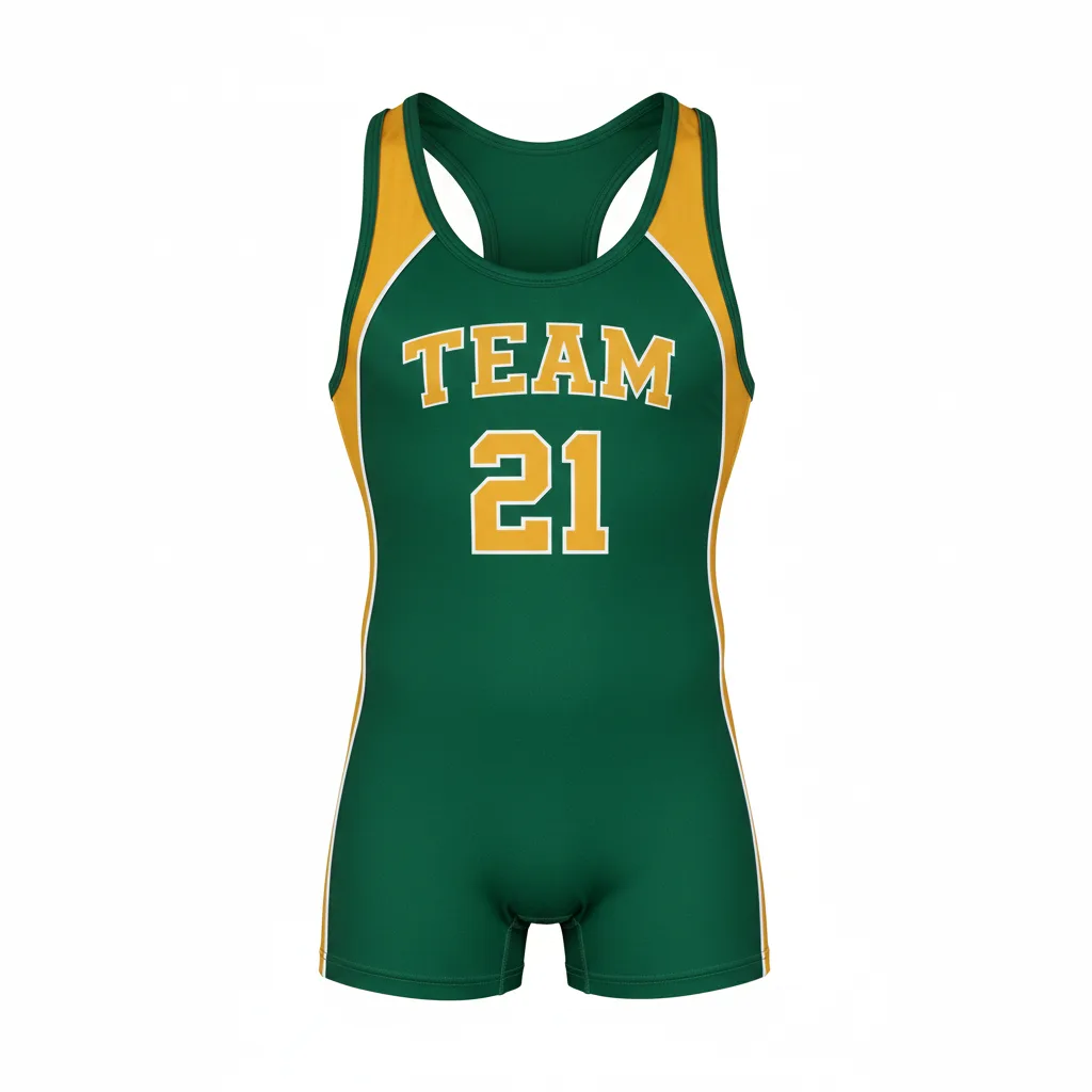Front view of custom racerback wrestling singlet in 250 GSM lycra-spandex with a racerback cut and sublimated team colors from Empire Five Athletics