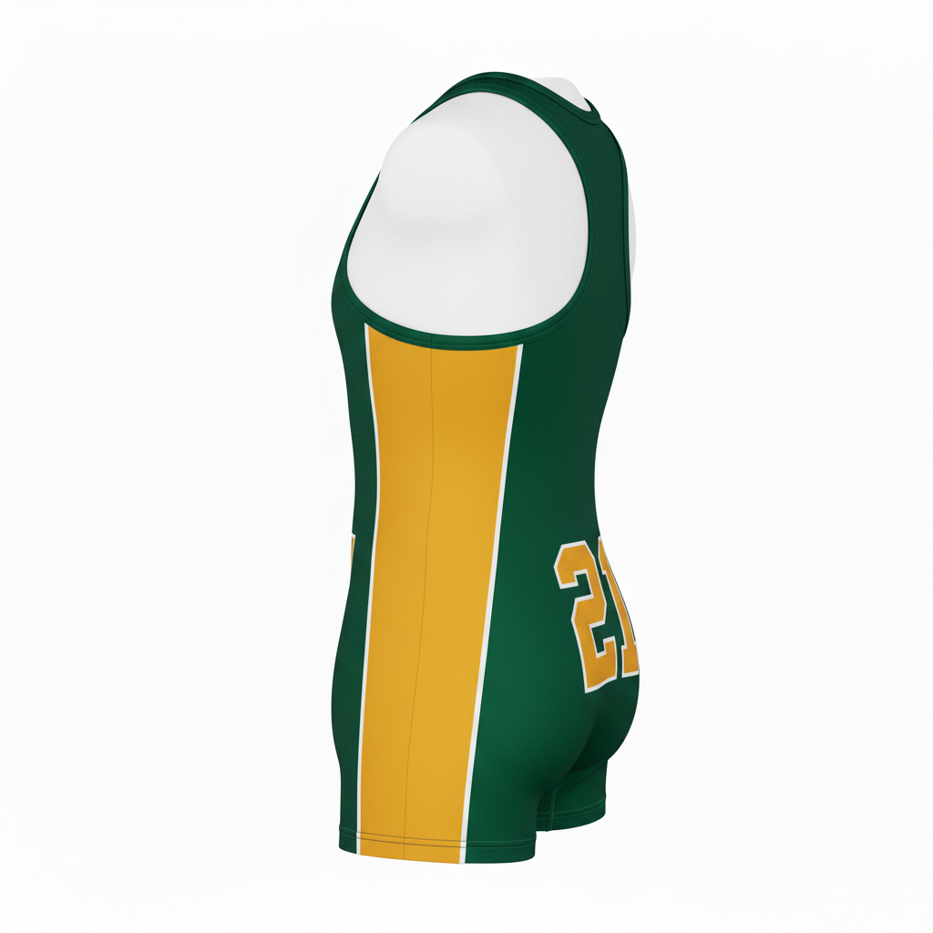 Side view of custom racerback wrestling singlet showing the four-way-stretch fit