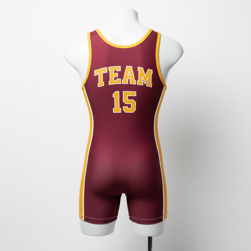 Back view of custom reversible wrestling singlet showing the reverse colorway and number