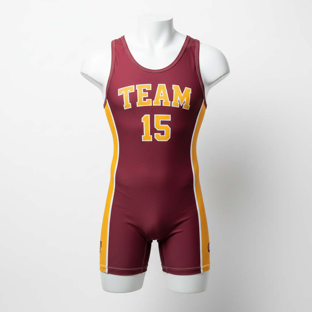 Front view of custom reversible wrestling singlet, a two-layer two-color singlet sublimated on both sides from Empire Five Athletics