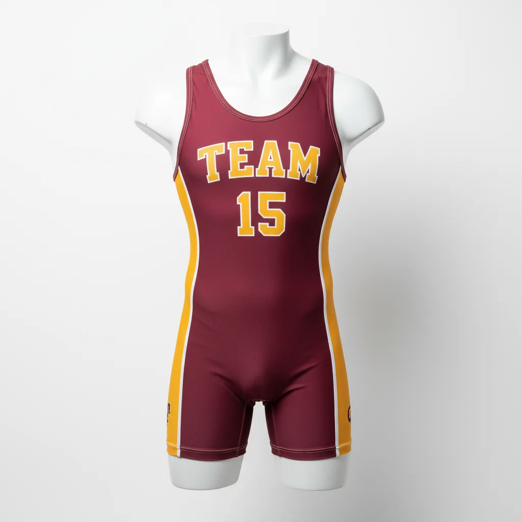 Front view of custom reversible wrestling singlet, a two-layer two-color singlet sublimated on both sides from Empire Five Athletics