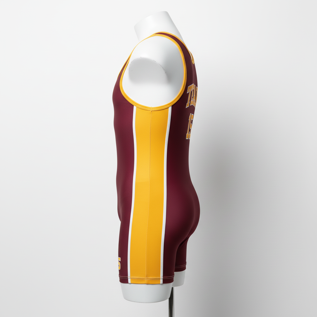 Side view of custom reversible wrestling singlet showing the two-layer build