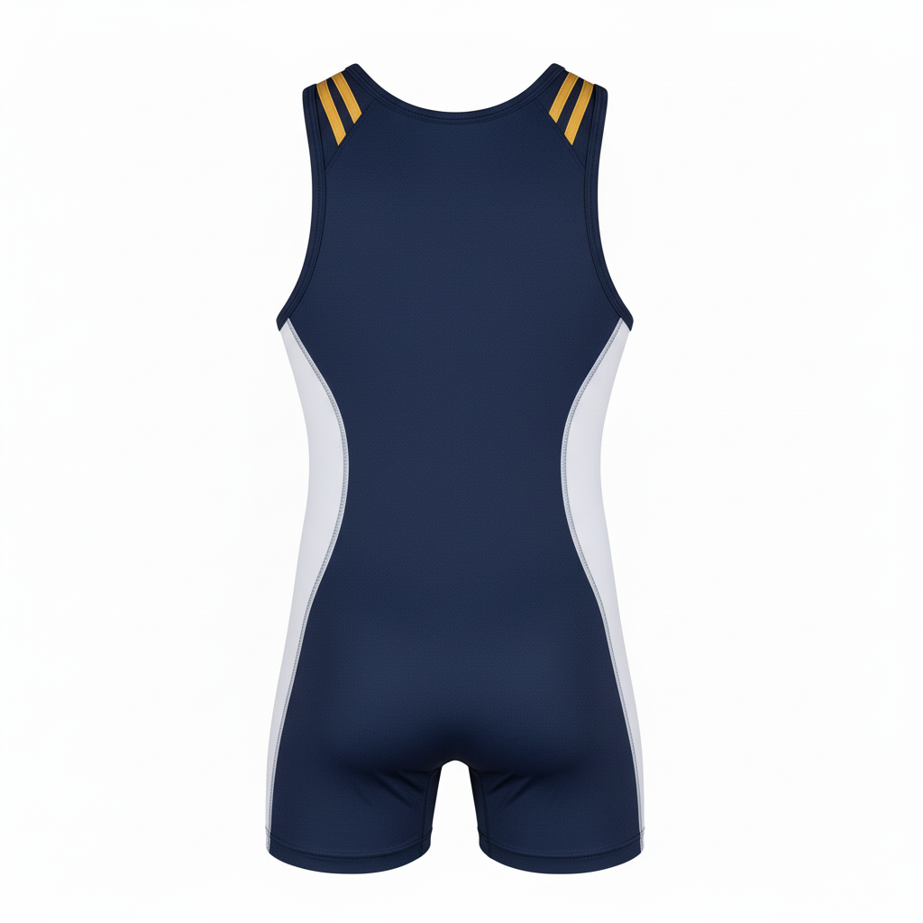 Back view of custom standard-cut wrestling singlet showing the sublimated number and standard back cut