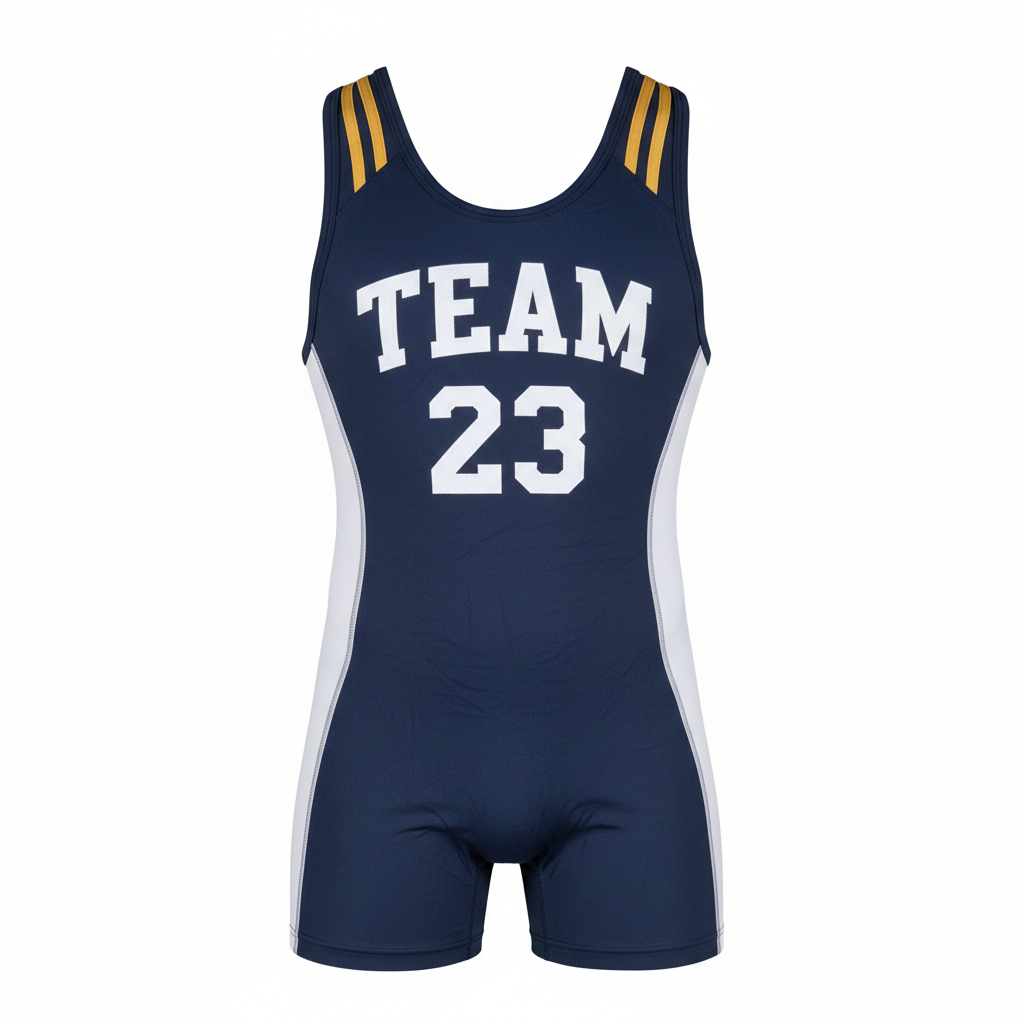 Front view of custom standard-cut wrestling singlet in 250 GSM lycra-spandex with sublimated team colors, name, and number from Empire Five Athletics